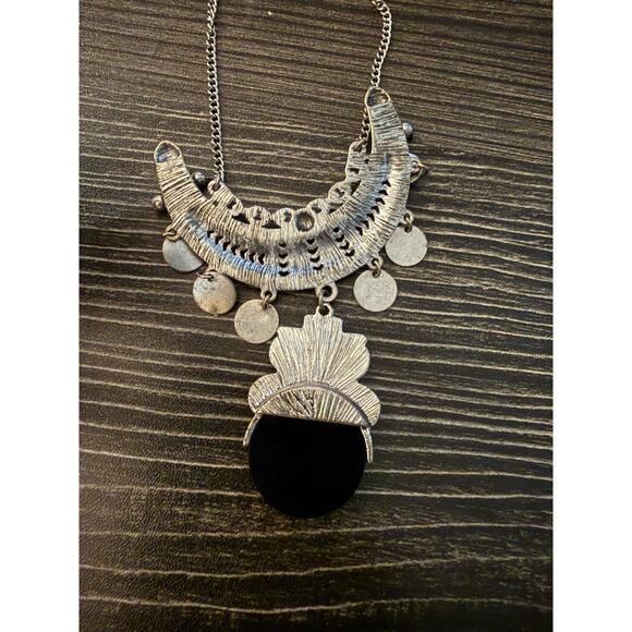 Silver-Tone Ethnic Tribal Style Necklace with a Black Stone Pendant - Picture 5 of 5